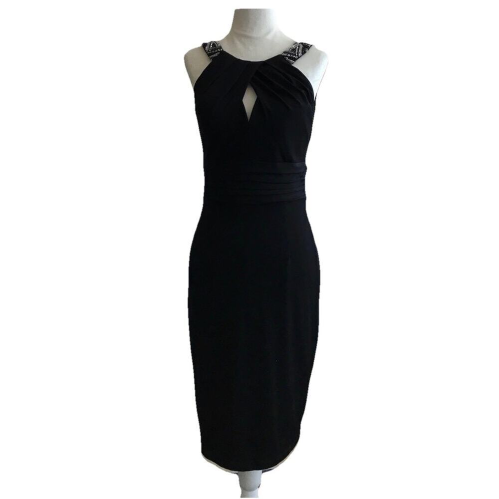 David Meister black jersey knit fitted cocktail dress with beaded halter Size 2